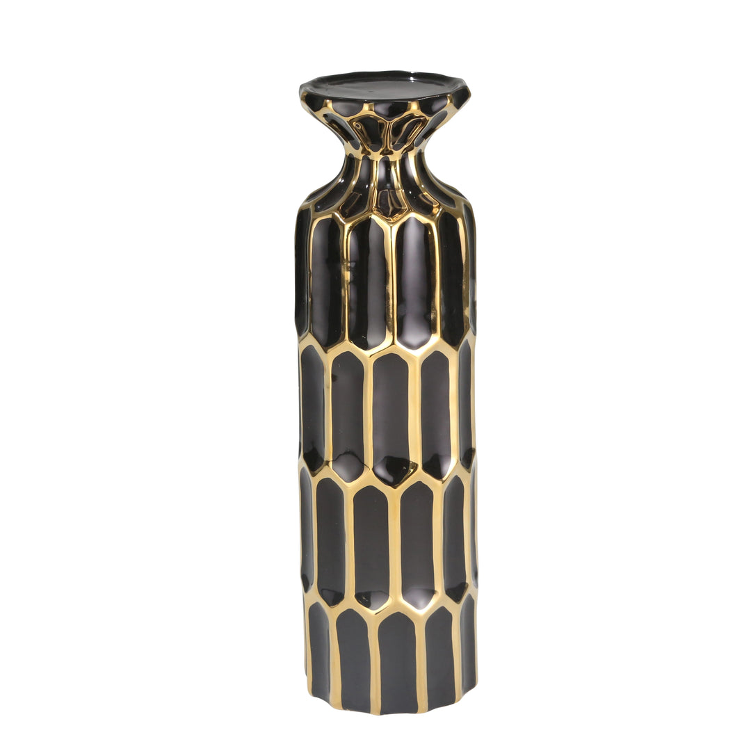 BLACK/GOLD PILLAR CANDLE HOLDER 13.75"