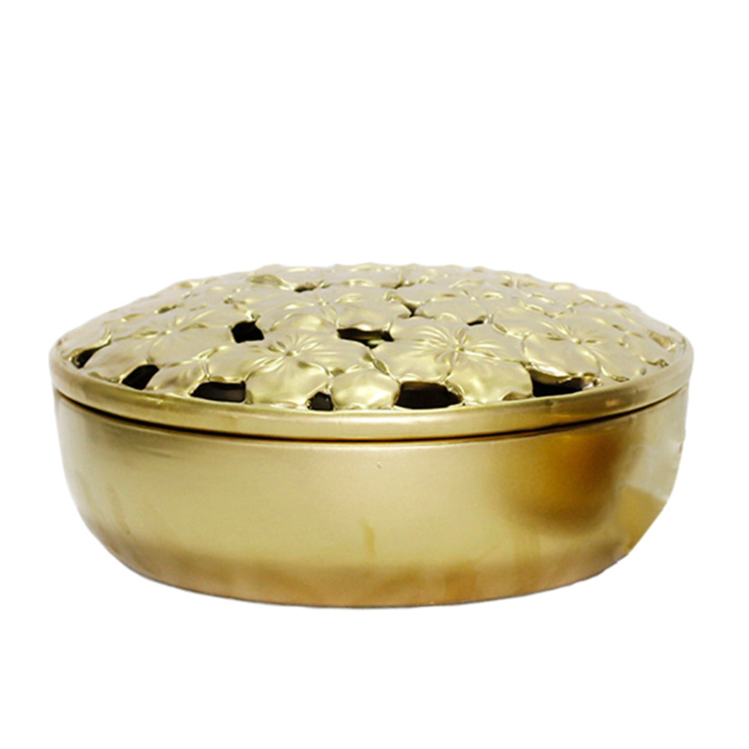 MATTE GOLD FLORAL LID JAR 10.7, 5"