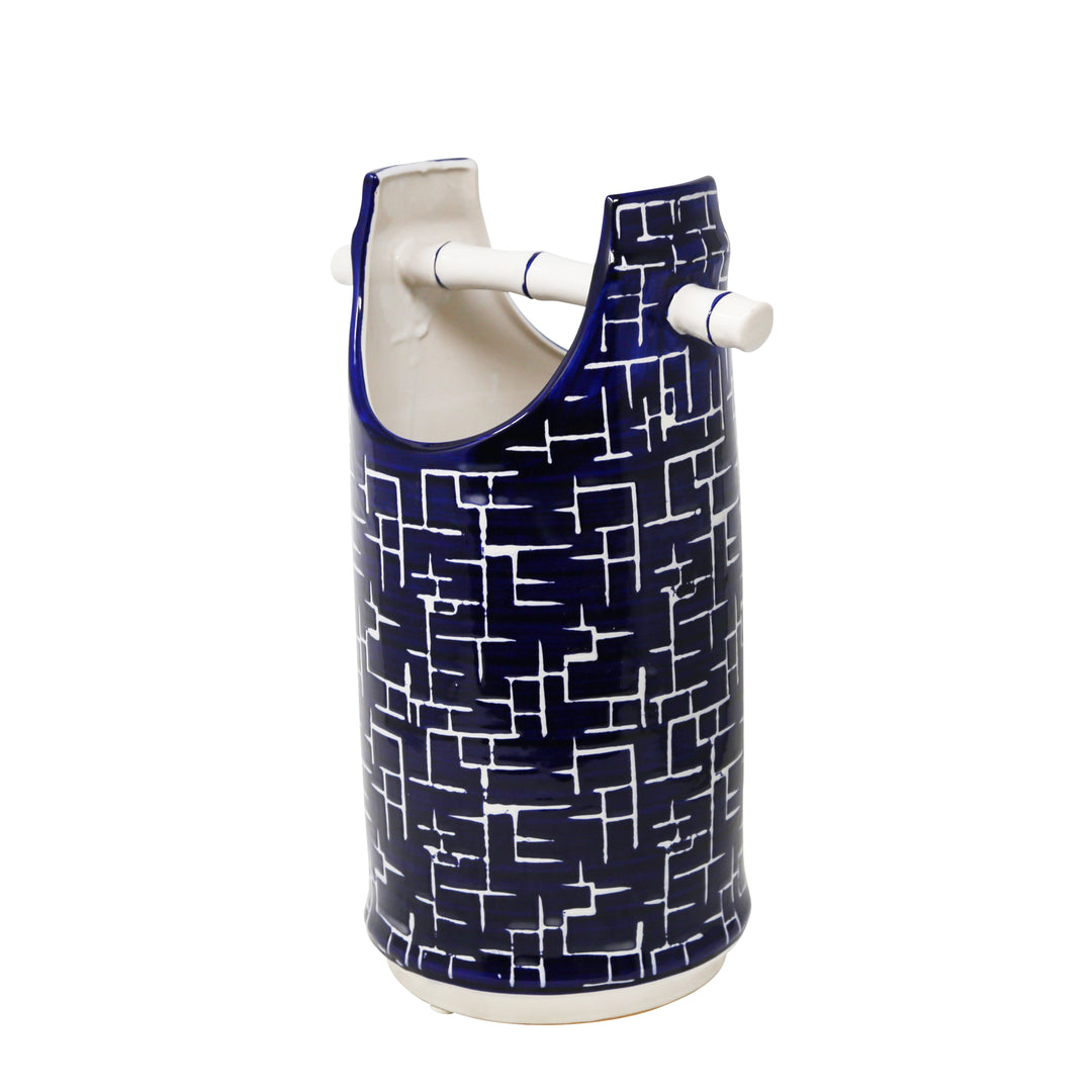 BLUE/WHITE BAMBOO HANDLE VASE, 14"