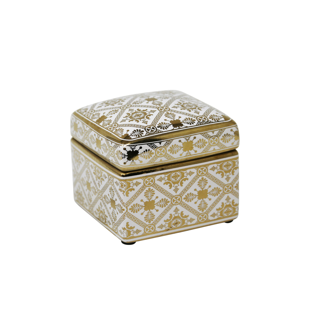 Ceramic Covered Square Jar, White/Gold