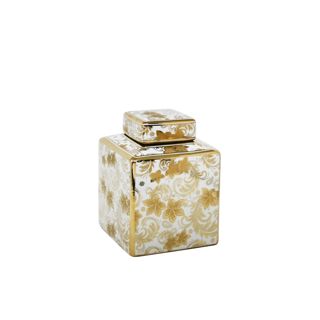 SQUARE WHITE JAR, GOLD DETAIL8"