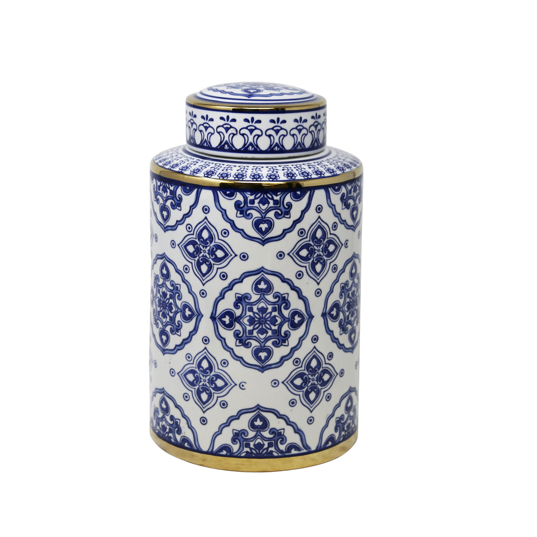 WHITE/BLUE JAR W/ GOLD DETAIL, 12"