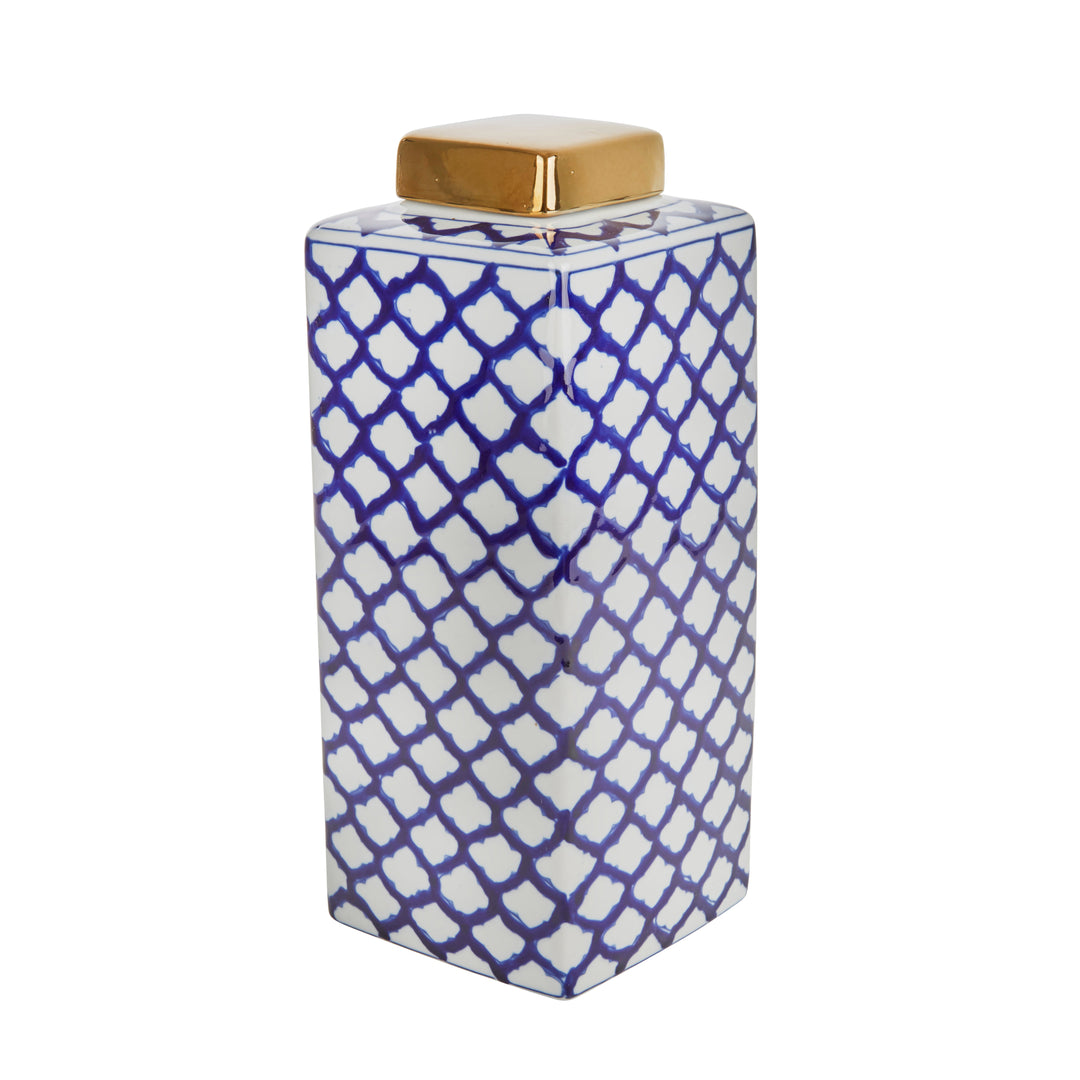 SQUARE WHITE/BLUE JAR W/ GOLD LID, 16"