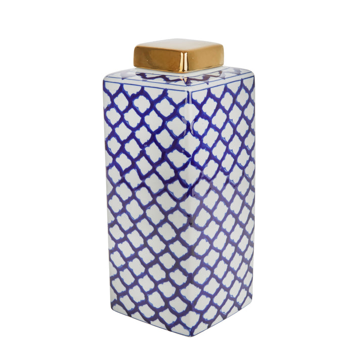 SQUARE WHITE/BLUE JAR W/ GOLD LID, 16"