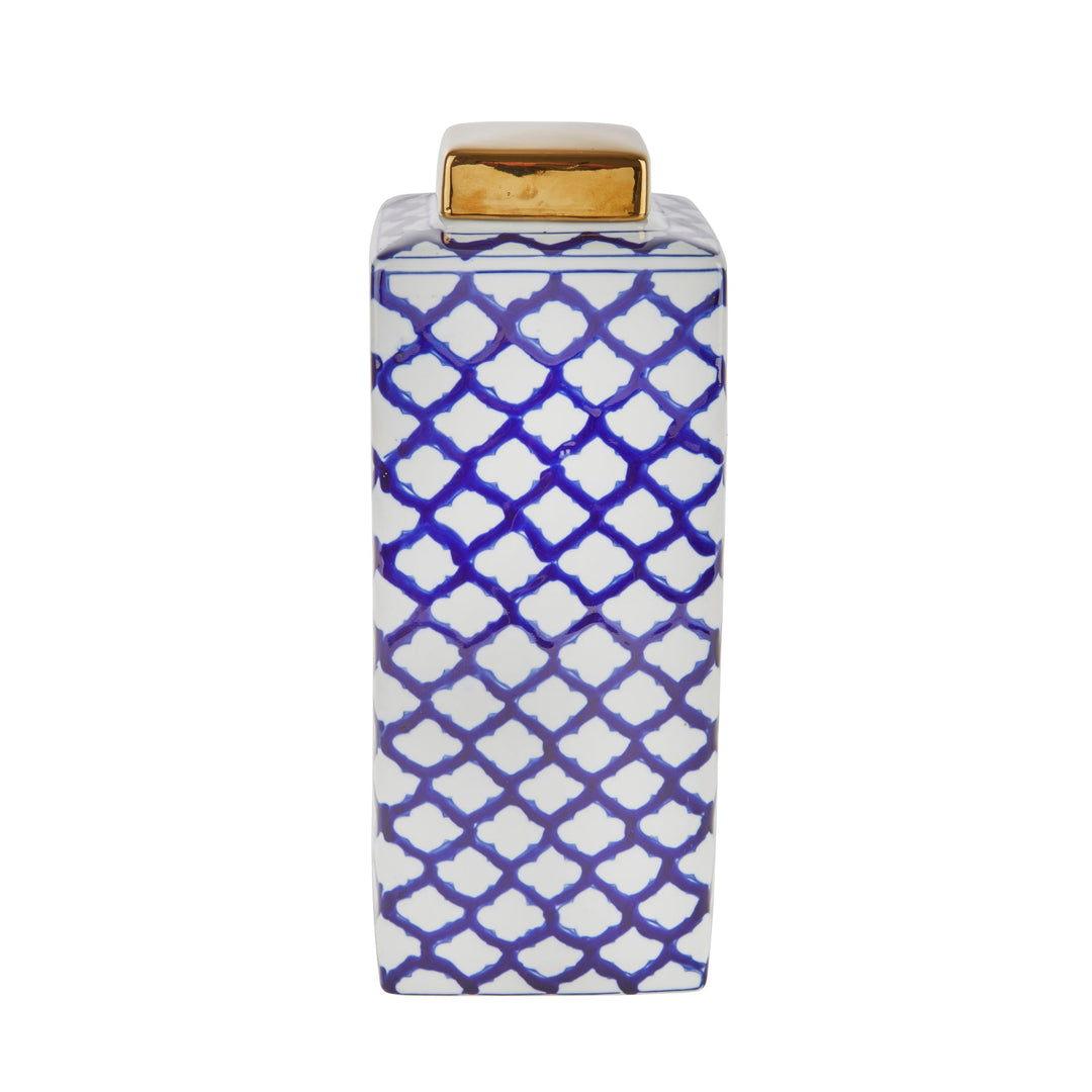 SQUARE WHITE/BLUE JAR W/ GOLD LID, 16"