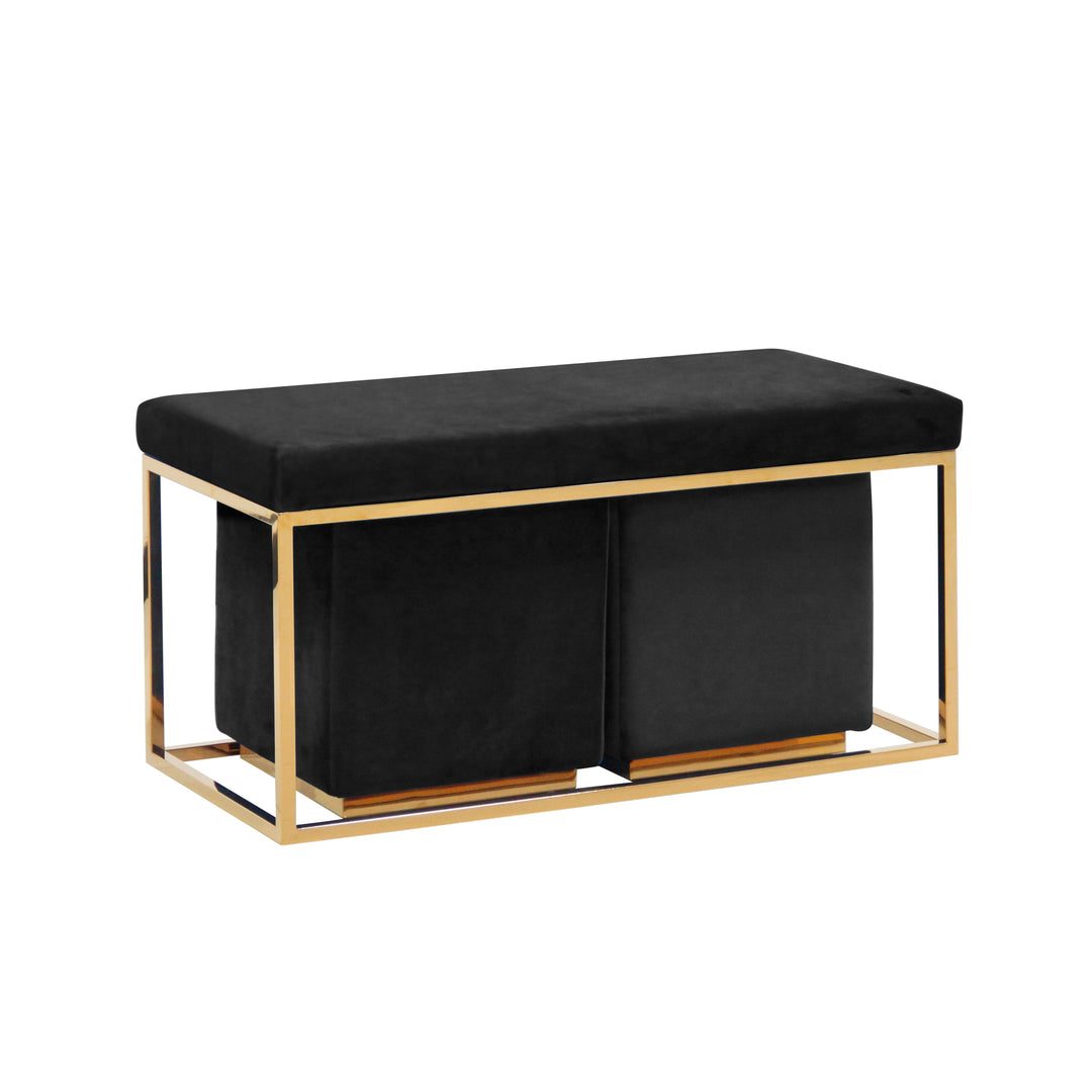 S/3 Velveteen Bench/Ottos, Gold/Blk, Kd