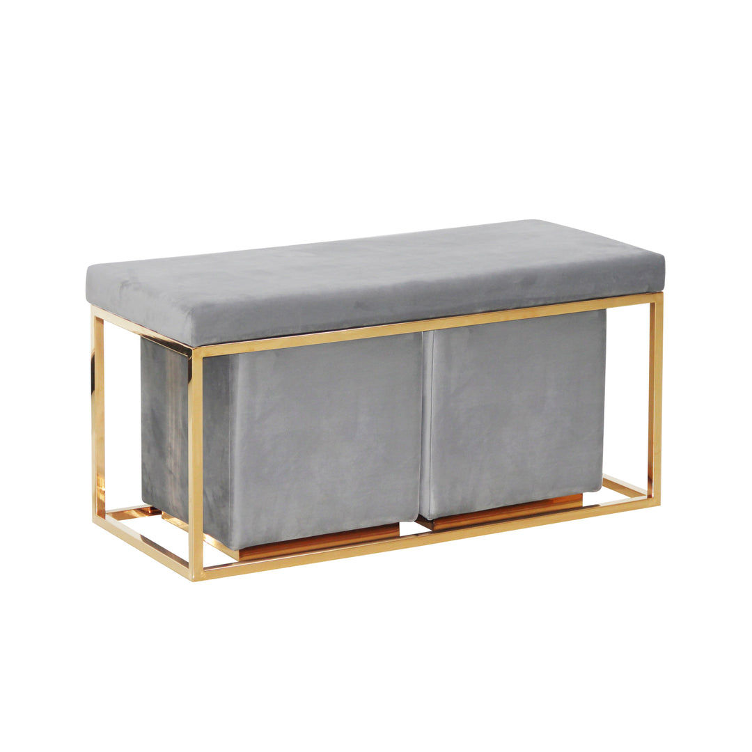 S/3 Velveteen Bench/Ottos, Gold/Gray Kd