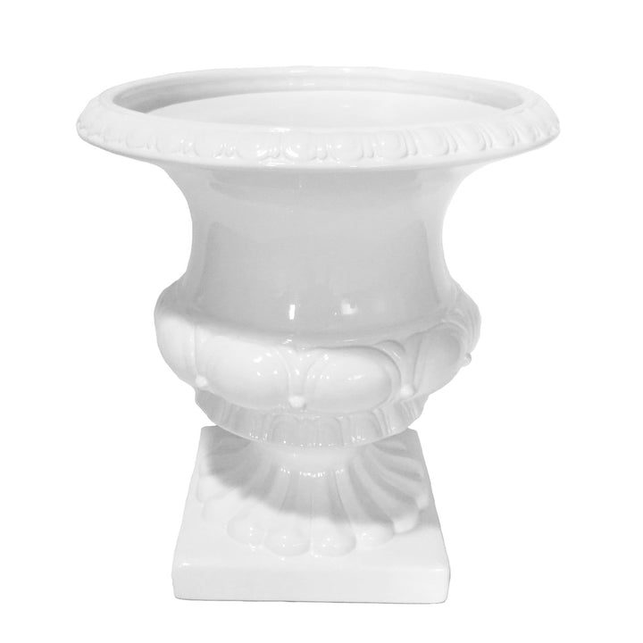 WHITE FOOTED CERAMIC URN 15.75"