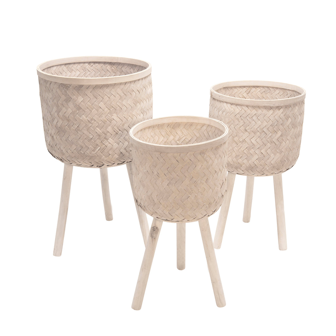 S/3 Bamboo Planters White Wash