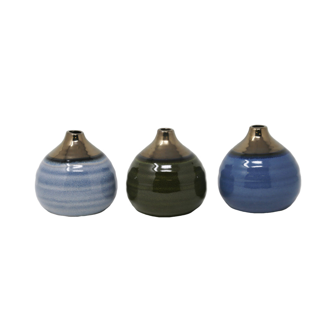 S/3 GLAZED BUD VASES, BLUE/GREEN