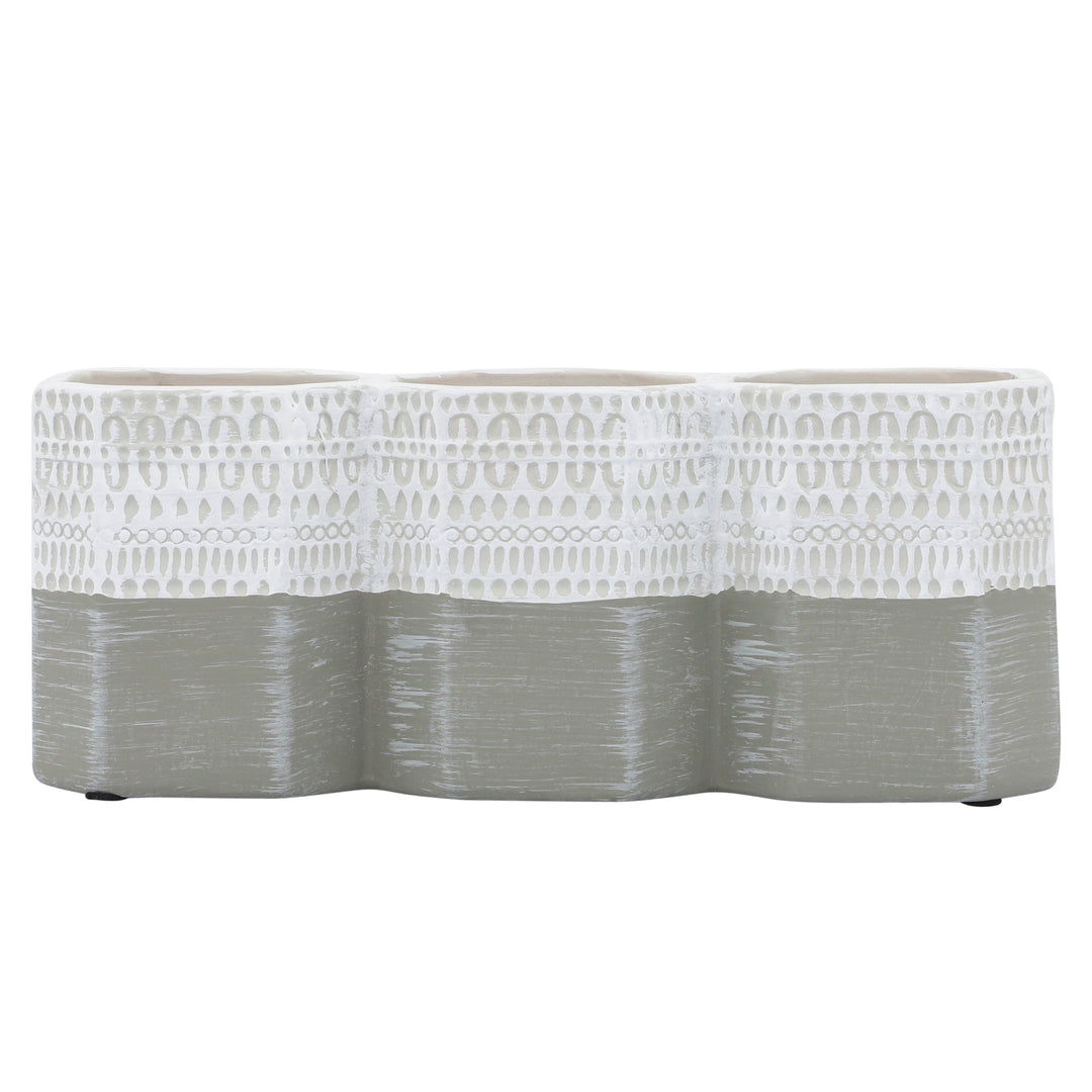 CER, 4"H 3-CUP AZTEC  PEN HOLDER, WHITE/GRAY