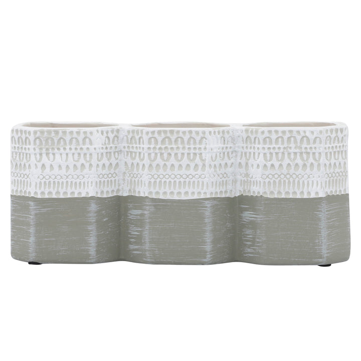 CER, 4"H 3-CUP AZTEC  PEN HOLDER, WHITE/GRAY