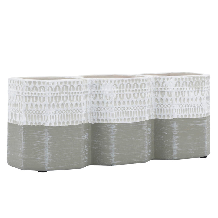 CER, 4"H 3-CUP AZTEC  PEN HOLDER, WHITE/GRAY