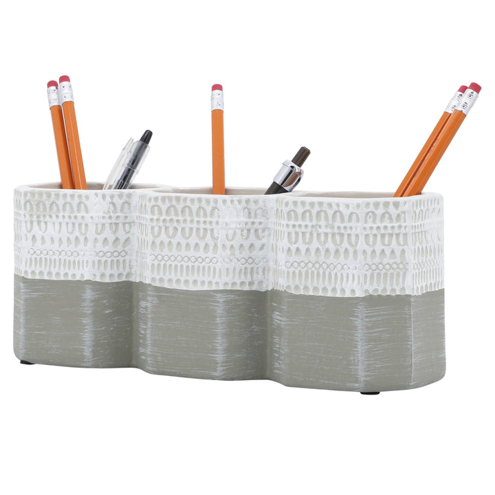 CER, 4"H 3-CUP AZTEC  PEN HOLDER, WHITE/GRAY