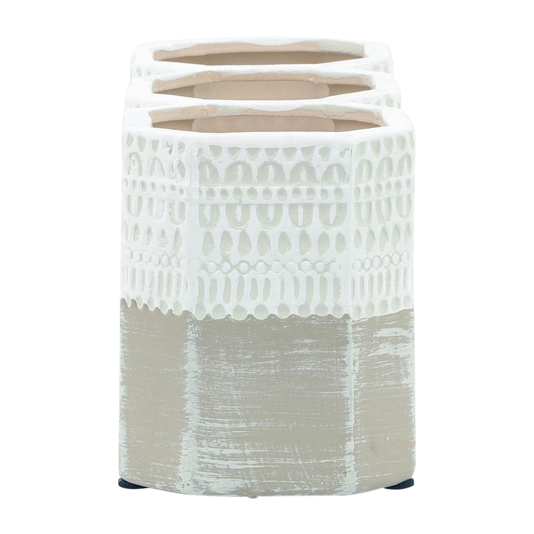 CER, 4"H 3-CUP AZTEC  PEN HOLDER, WHITE/GRAY