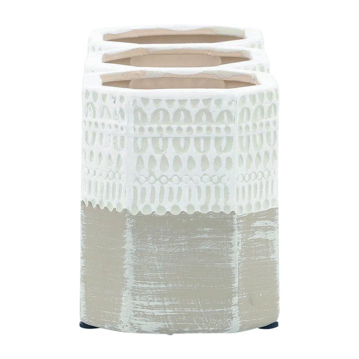 CER, 4"H 3-CUP AZTEC  PEN HOLDER, WHITE/GRAY