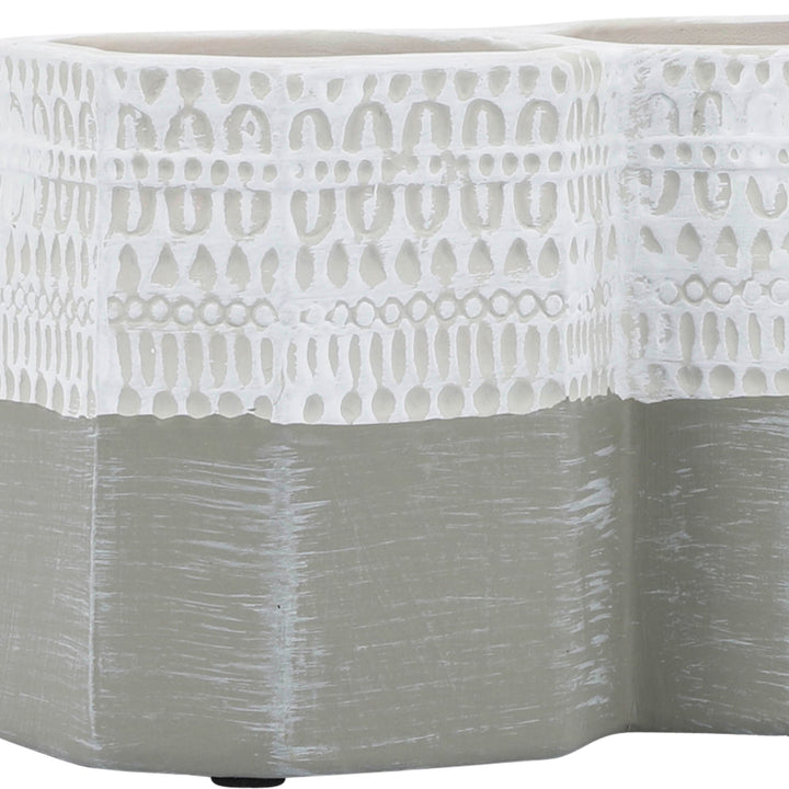 CER, 4"H 3-CUP AZTEC  PEN HOLDER, WHITE/GRAY