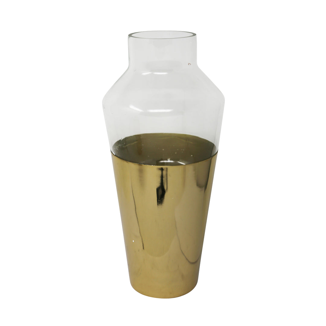 14" METAL & GLASS VASE, GOLD