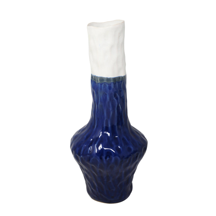 CERAMIC GOURD VASE 17"H, WHITE/BLUE