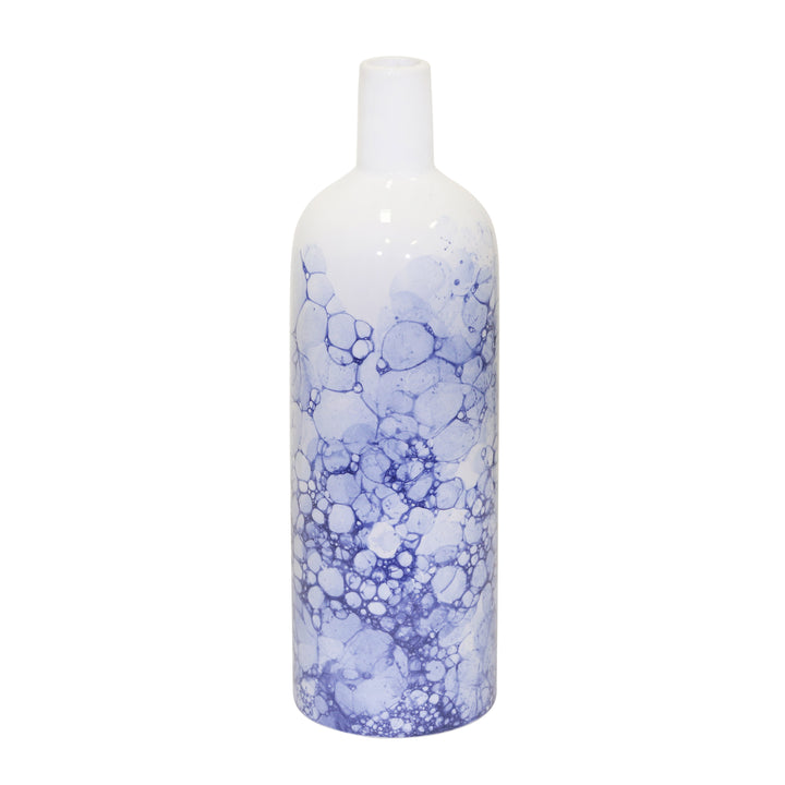 CERAMIC 12" BOTTLE VASE, WHITE/ BLUE