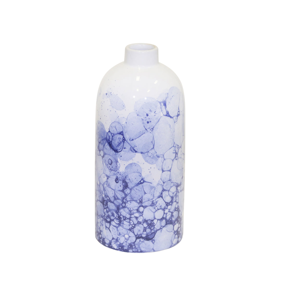 CERAMIC 9" BOTTLE VASE, WHITE/ BLUE