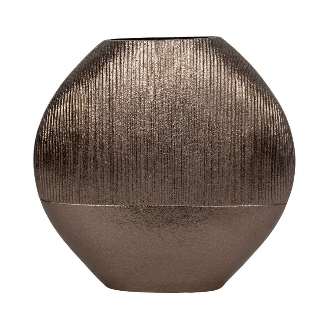 14" LINES ROUND VASE, BRASS ANTIQUE