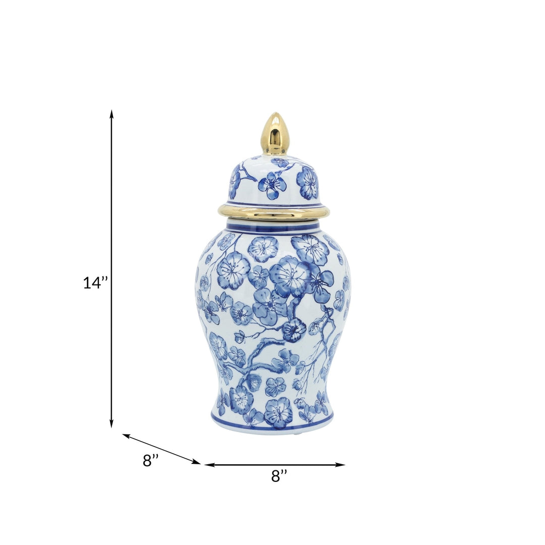 14" TEMPLE JAR W/ HIBISCUS, BLUE & WHITE
