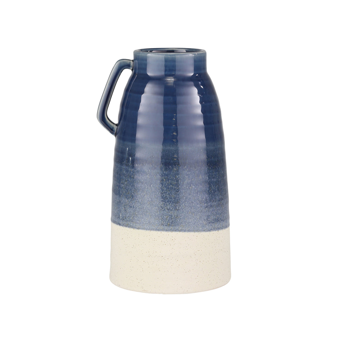 CERAMIC HANDLED VASE, 13" NAVY