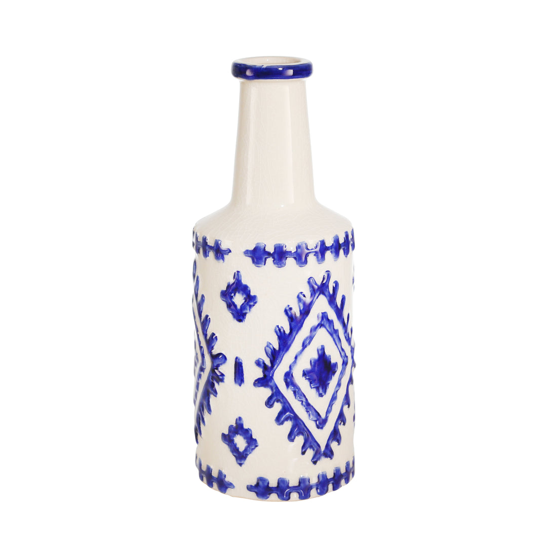 CERAMIC BOTTLE VASE, 13" WHITE/BLUE