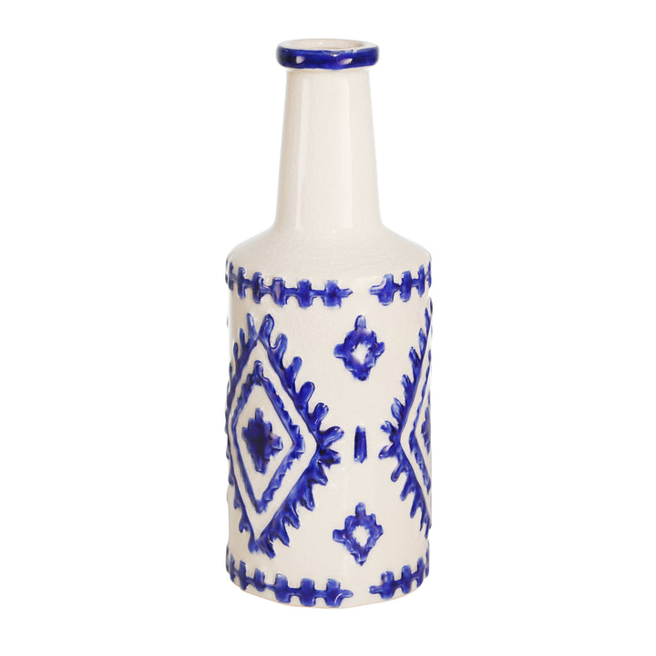 CERAMIC BOTTLE VASE, 13" WHITE/BLUE