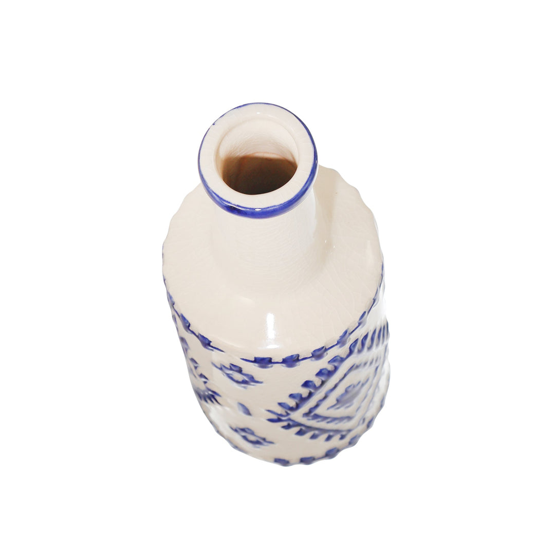 CERAMIC BOTTLE VASE, 13" WHITE/BLUE