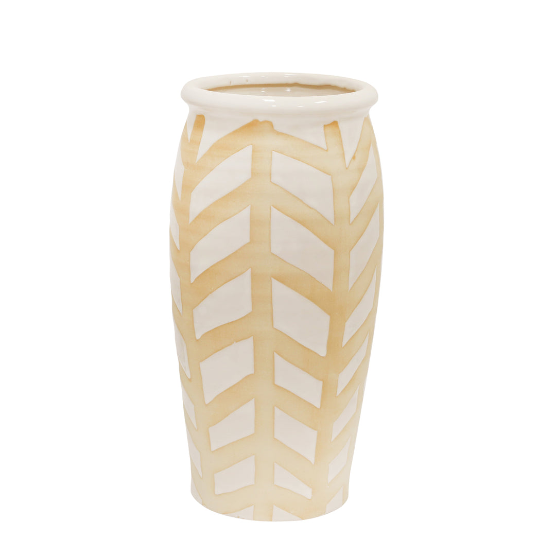 CERAMIC CHEVRON VASE 14", WHITE/BEIGE