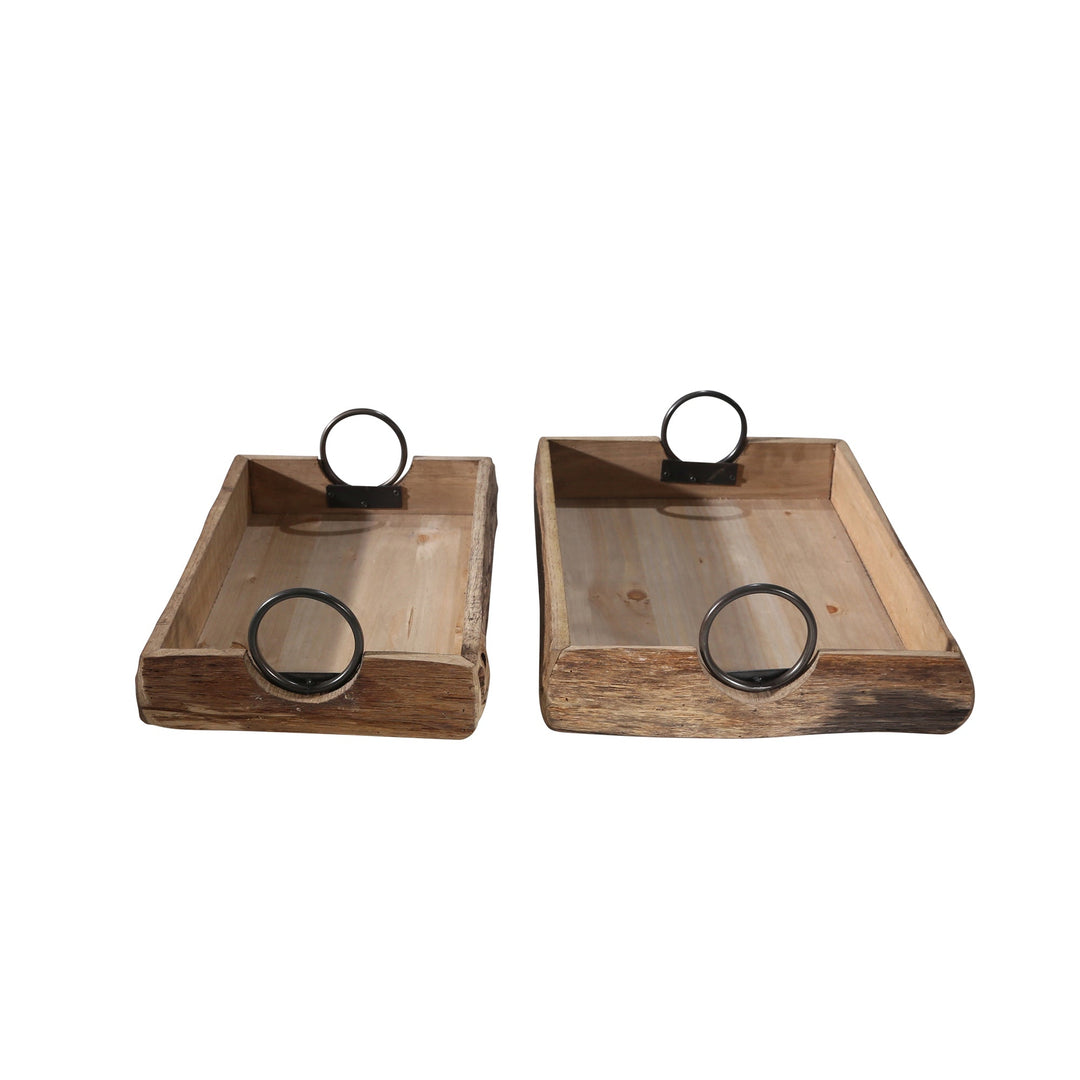 S/2 WOOD TRAYS 19X13X5", BROWN