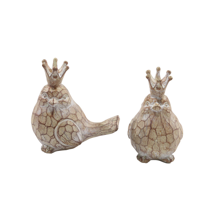 S/2 RESIN BIRDS W/CROWNS, BROWN