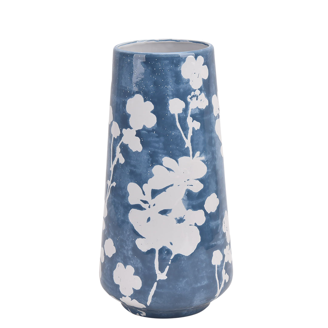 Cer 13" Floral Vase, Sky Blue/White