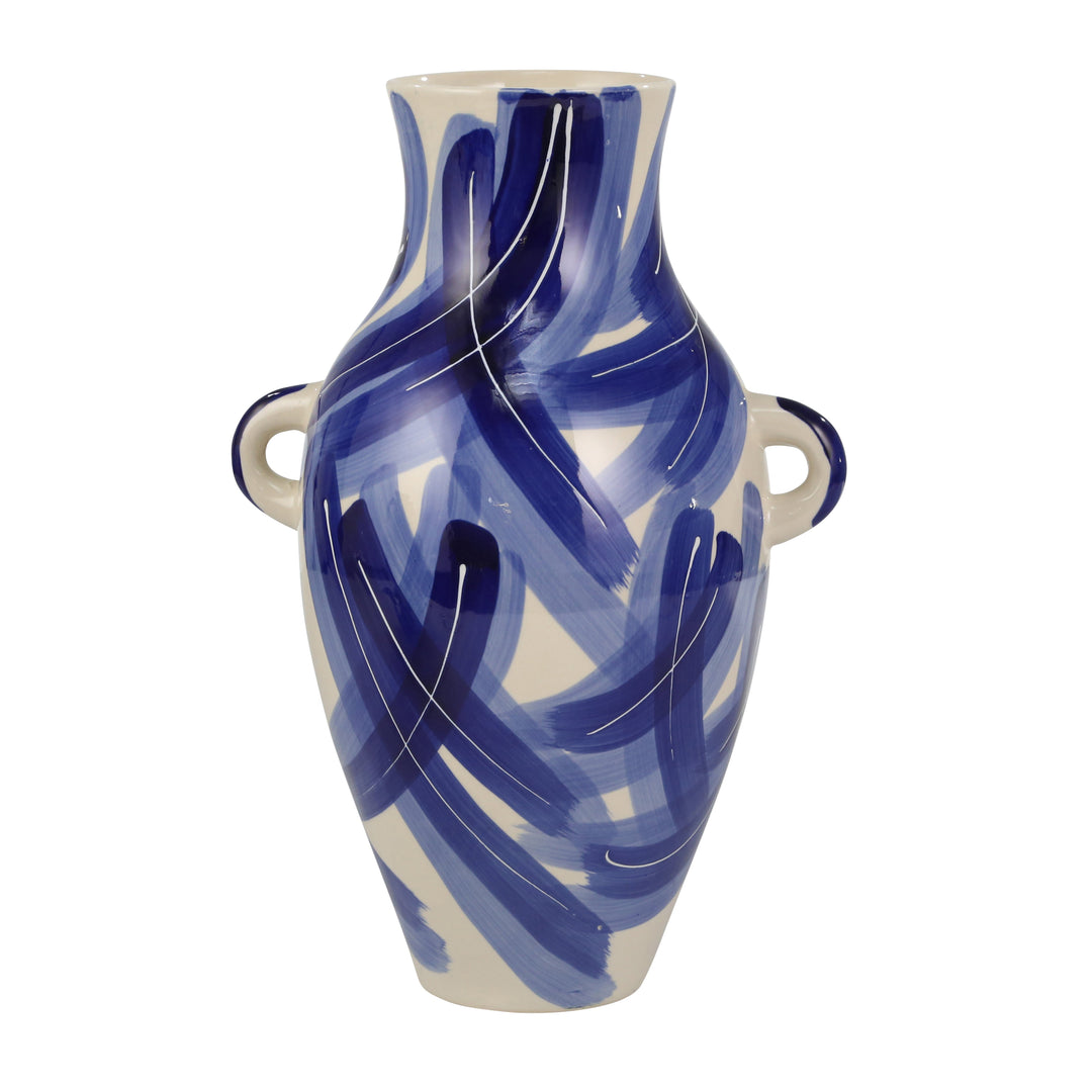 CERAMIC 17.5" HANDLED VASE, BLUE MIX