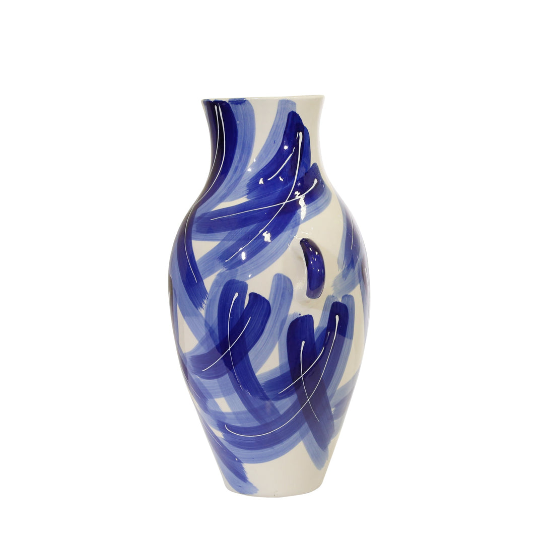 CERAMIC 17.5" HANDLED VASE, BLUE MIX