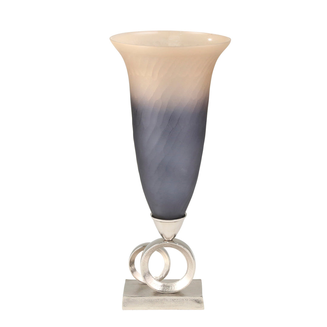 GLASS 25" HAND CUT VASE, ALUMINUM BASE, GOLD/BLUE