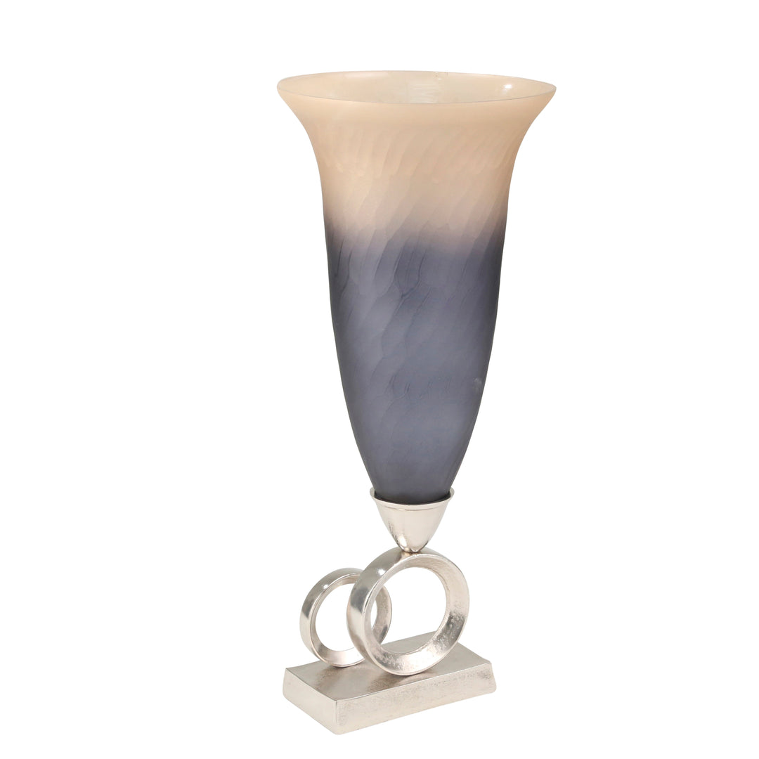 GLASS 25" HAND CUT VASE, ALUMINUM BASE, GOLD/BLUE