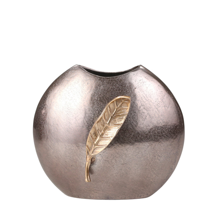 ALUMINUM 14" ROUND VASE W/ GOLD LEAF, BRONZE