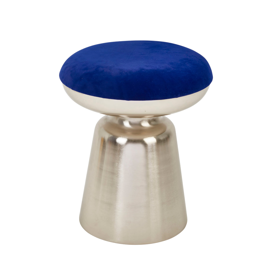 METAL 18" CYLINDER SILVER STOOL, BLUE CUSHION