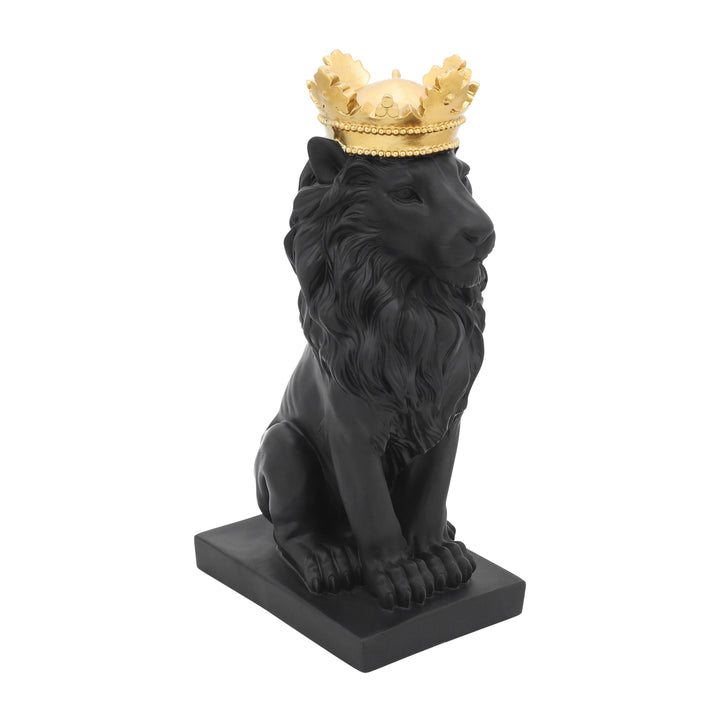 POLYRESIN 14" LION FIGURINE W/CROWN, BLACK