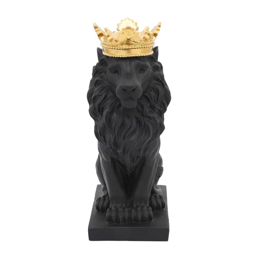 POLYRESIN 14" LION FIGURINE W/CROWN, BLACK