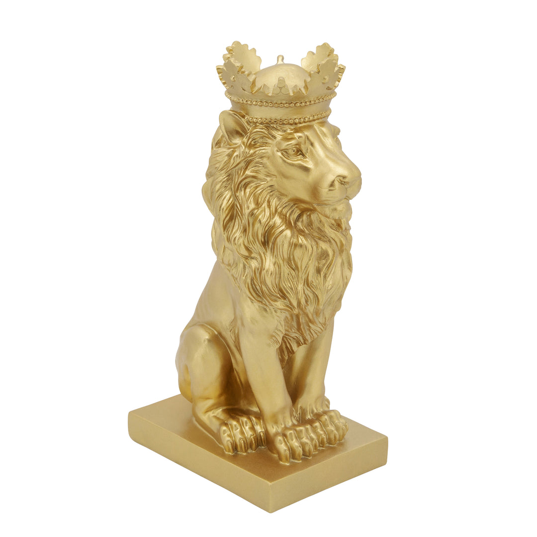 POLYRESIN 14" LION FIGURINE W/CROWN, GOLD