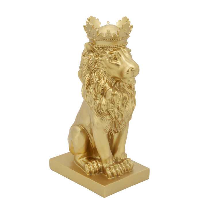 POLYRESIN 14" LION FIGURINE W/CROWN, GOLD