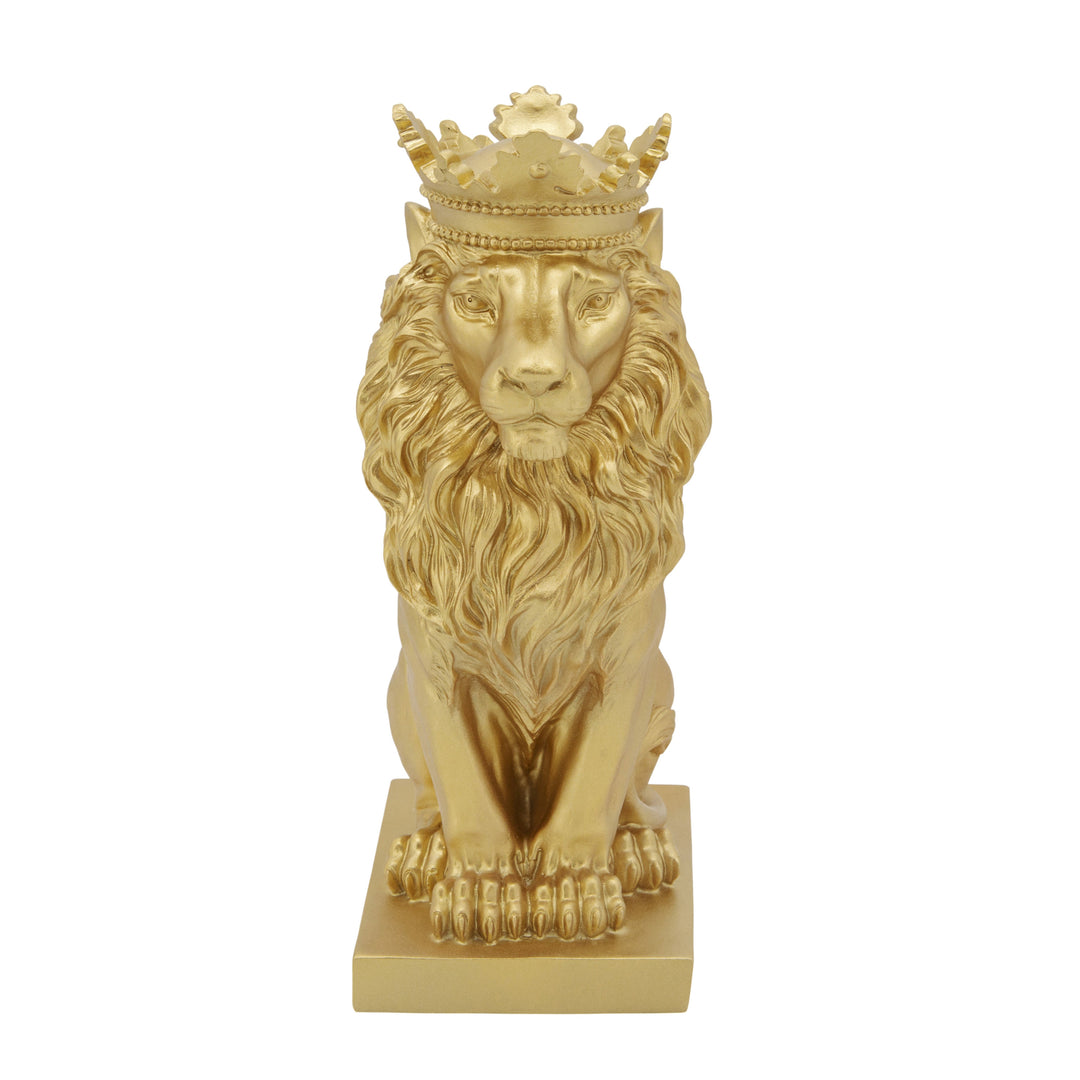 POLYRESIN 14" LION FIGURINE W/CROWN, GOLD