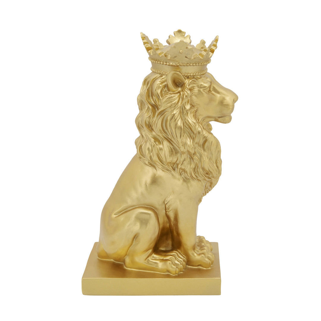 POLYRESIN 14" LION FIGURINE W/CROWN, GOLD