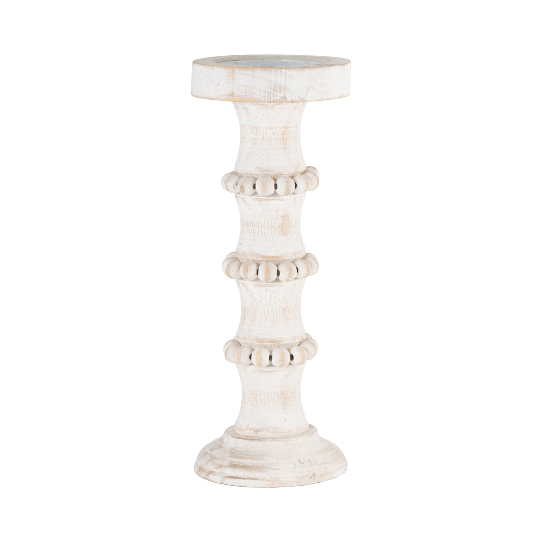 WOOD, 13" ANTIQUE STYLE CANDLE HOLDER, WHITE