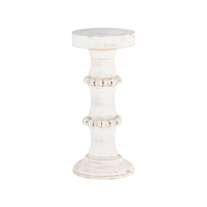 WOOD, 11" ANTIQUE STYLE CANDLE HOLDER, WHITE