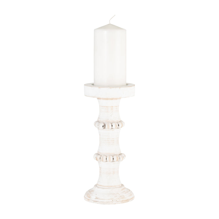 WOOD, 11" ANTIQUE STYLE CANDLE HOLDER, WHITE